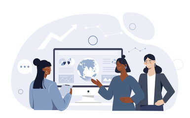 Women at workplace concept. Young girls near computer monitor with infographic. Employees with graphs and diagrams. Data visualization and statistics. Cartoon flat vector illustration