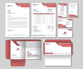 Corporate Brand Identity Mockup set with digital elements. Editable vector. Business card, Id card, Invoice, Letterhead, Envelope, and File Folder.
