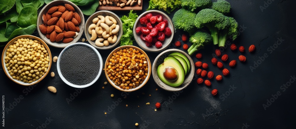 Aufkleber healthy vegan food displayed on a gray background with enough space for additional content. the sele
