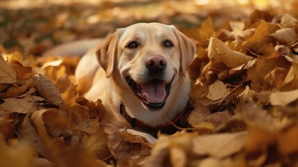 A labrador in a pile of leaves. 