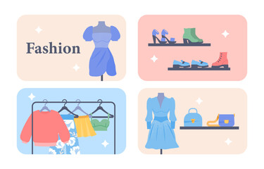 Fashion industry posters set. Dress on mannequin, casual clothes on hangers. Casual shoes. Aesthetics and elegance, glamour. Cartoon flat vector collection isolated on white background