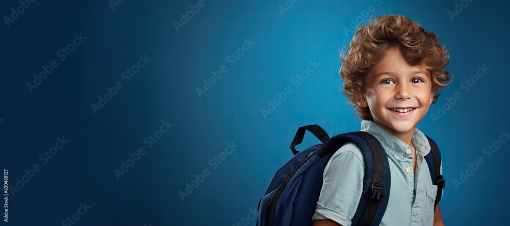 Wall mural Cute Young Boy with a Backpack Heading Back to School on a Blue Banner with Space for Copy