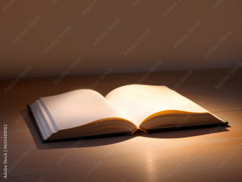 Poster open book on a wooden table with light. generative ai