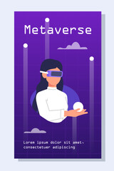 Metaverse neon poster. Modern technologies and innovations. Woman in vr glasses. Young girl in virtual reality. Cartoon flat vector illustration isolated on white background