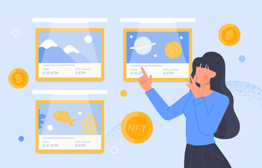 Woman with NFT concept. Young girl with non fungible token. Cryptocurrency and bitcoin, economics and trading. Character buys virtual paintings on internet. Cartoon flat vector illustration