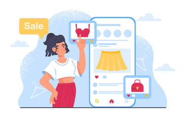 Promotion of goods concept. Woman in yellow skirt and white Tshirt buys red top. Electronic commerce and online shopping, home delivery. Fashion, trend and style. Cartoon flat vector illustration