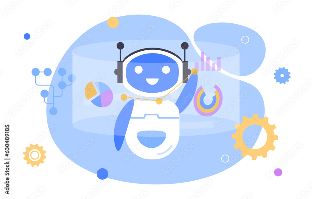 Poster robot processes data concept. machine learning and artificial intelligence. chat bot works with stat