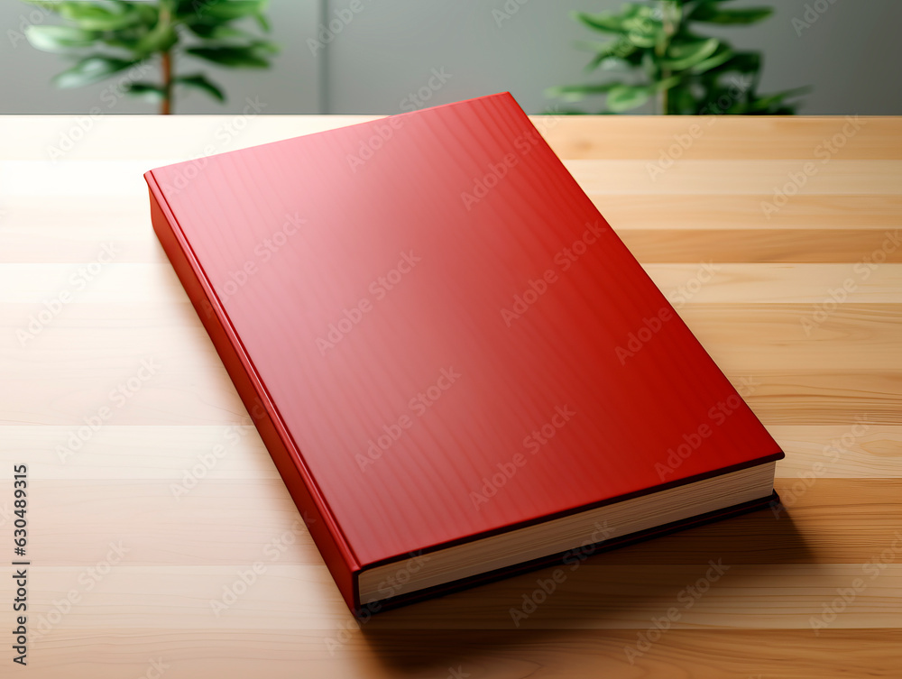 Poster red book on the wooden table. mock up. generative ai