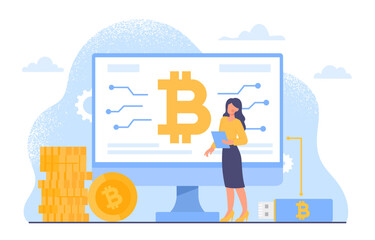 Virtual currency bitcoin concept. Woman with cryptocurrency. Investment and trading. Modern technologies and innovations. Financial literacy and passive income. Cartoon flat vector illustration