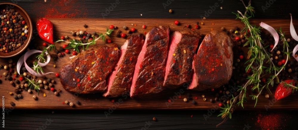 Aufkleber A top-down view of grilled beef steak with spices on a cutting board, with space for adding text.