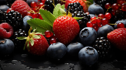 Fresh Berries on Dark Rough Stone Table. Generative AI.