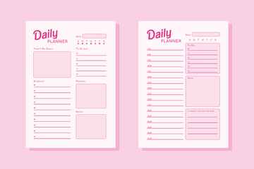 Two minimalist pink daily planners in same doll style. Simple design of organizer schedule page with to do list for day for effective planning