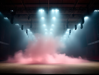 Empty smoky stage with bright spotlights, mockup. Generative AI