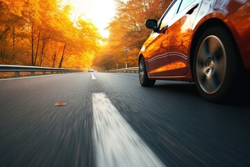 car on the road in the autumn forest. speed motion blur effect - obrazy, fototapety, plakaty