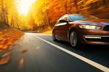 Fototapeta na wymiar car on the road in the autumn forest. speed motion blur effect