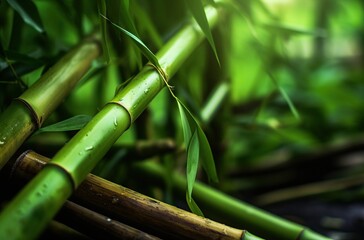 Obraz premium bamboo forest with green leaves and blurred background, shallow depth of field