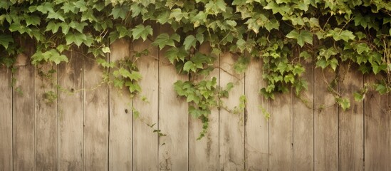 Beige background with an old wooden fence covered in overgrown ivy. space for text. The fence is painted and weathered, and there are climbing green ivy plants