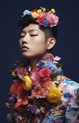 beautiful young asian man with flower bouquet over black background