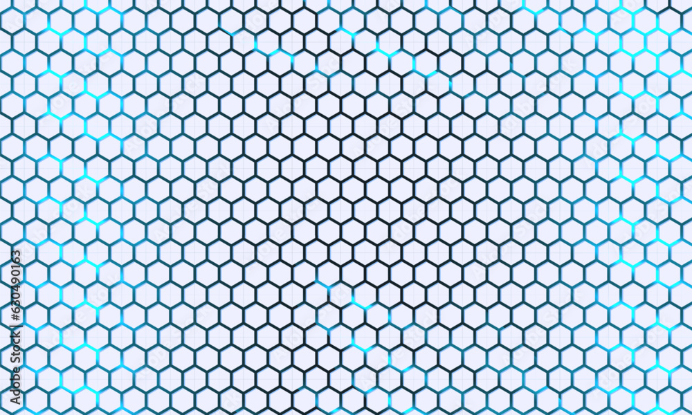 Poster White 3d hexagonal technology vector abstract background. Blue bright energy flashes under hexagon in modern technology futuristic background vector illustration. 