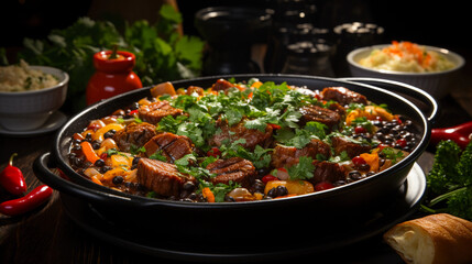 Fototapeta premium Traditional Brazilian Feijoada on Display. Generative AI.