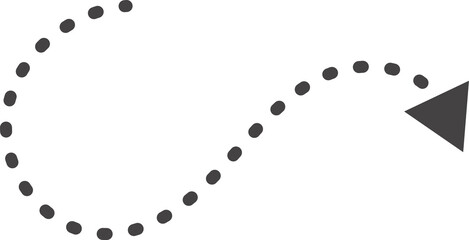 Curved hand drawn dotted arrow. Doodle outline black stroke. Simple cartoon swirl scribble