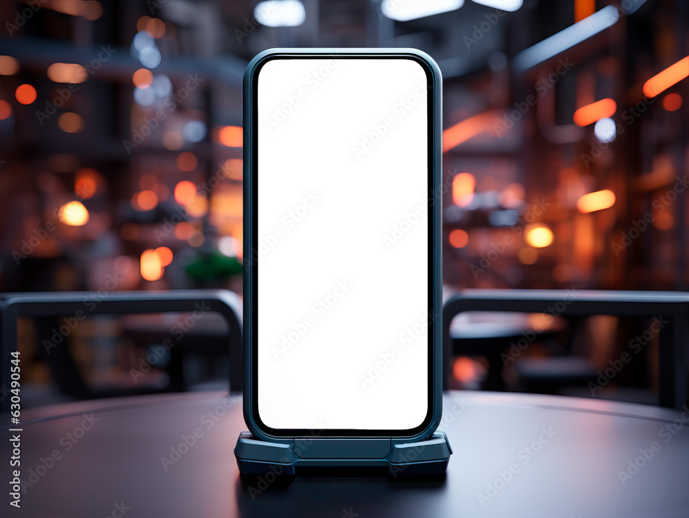 Poster Mockup image of a modern smartphone with a blank white screen on a table in a cafe. Generative AI