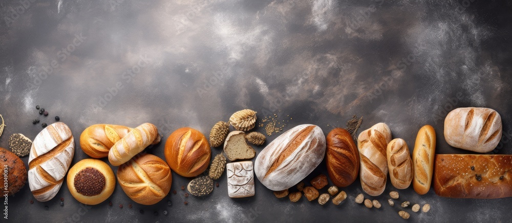 Poster Various types of crusty bread and buns arranged on a stone table, seen from the top, with enough space for you to add your own text.