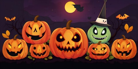 Flat design of funny pumpkins Halloween background