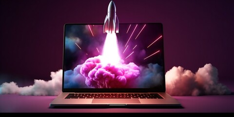 Rocket coming out of laptop screen, black purple background, startup concept