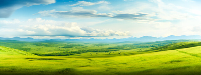 landscape panorama on a meadow among greenery, nature, mountains. Bright sun, grass and flowers. wide format. Ai generation