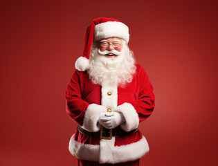 A santa claus stands isolated on a red background.