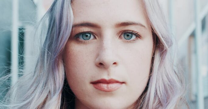 Face, calm and woman with wind, meditation or peace with eyesight, zen or positive mindset with intense stare. Portrait, female person or girl in a city, Canada or thinking with inspiration and awake