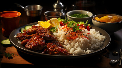 Rendang Served in Indonesian Restaurant. Generative AI.