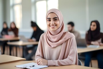 Muslim student woman wearing hijab sitting behind the desk in the classroom