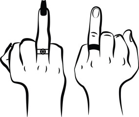 Wedding finger svg. Bride and groom hands holding up their ring finger with wedding rings.