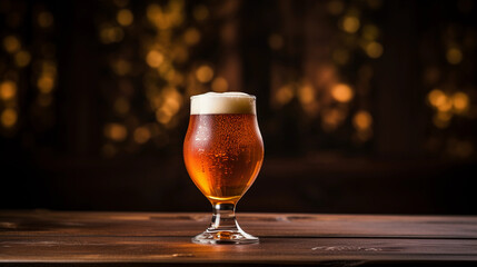  a glass of homebrew beer with a beautiful head, resting on a rustic wooden table, dark background