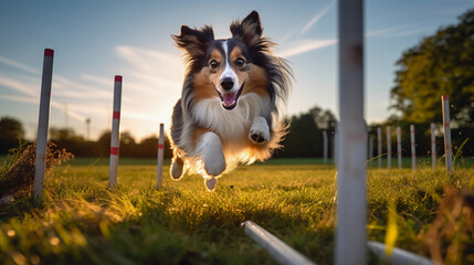 Obraz premium Shetland Sheepdog weaving through slalom poles, agility training, outdoor setting, fast movement captured, early morning light