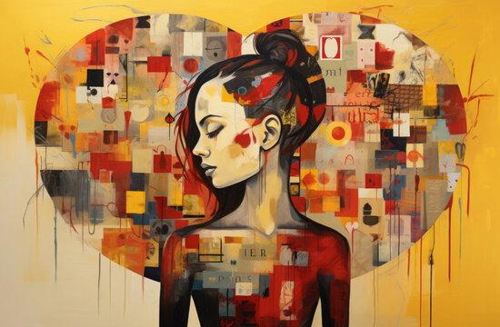 Colorful Abstract Painting of a lovesick Girl on yellow background