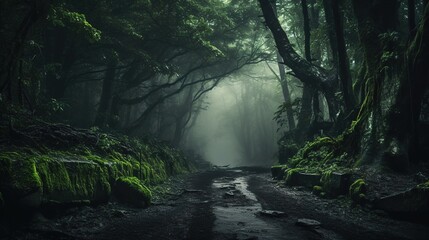dunkler, grüner Wald mit Nebel - obrazy, fototapety, plakaty
