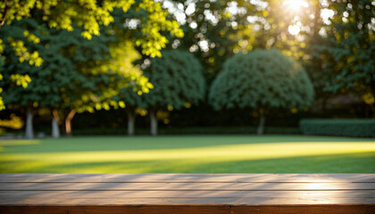 Wooden table top on blur background of green garden park with bokeh sunlight, generative AI