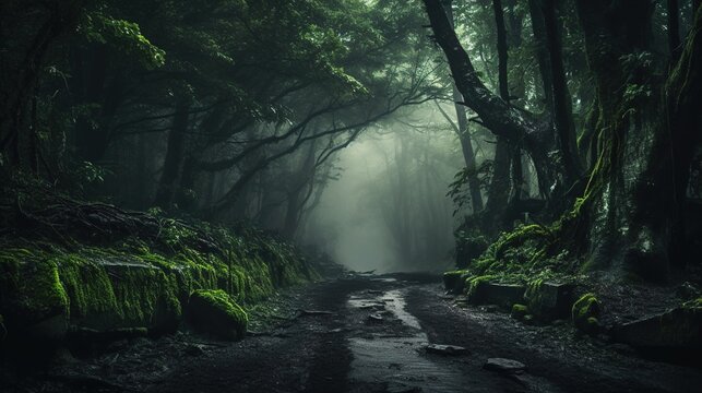 dunkler, gr&uuml;ner Wald mit Nebel