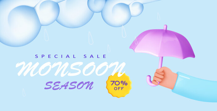 Rainy season background. Monsoon banner sale with hand holding color umbrella, clouds, drops of rain on blue sky. Vector illustration in cartoon 3d style