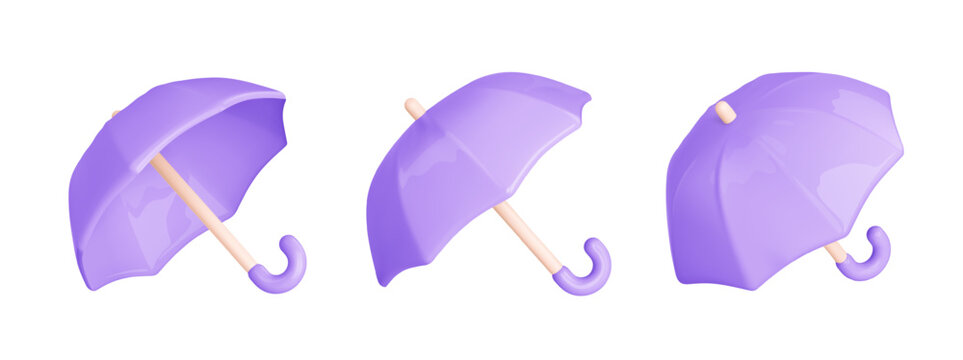 Set 3d umbrella on white background. Realistic 3d icon. Vector illustration in cartoon style