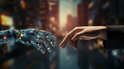 Hands of Robot and Human Touching on Big Data Network. Generative AI.