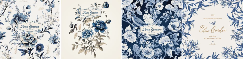 Foto op Canvas Floral print. Vector vintage illustration of blue color flowers, leaves, frame, pattern for background, invitation or background © Ardea-studio