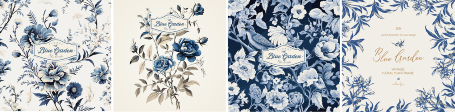 Naklejka Floral print. Vector vintage illustration of blue color flowers, leaves, frame, pattern for background, invitation or background