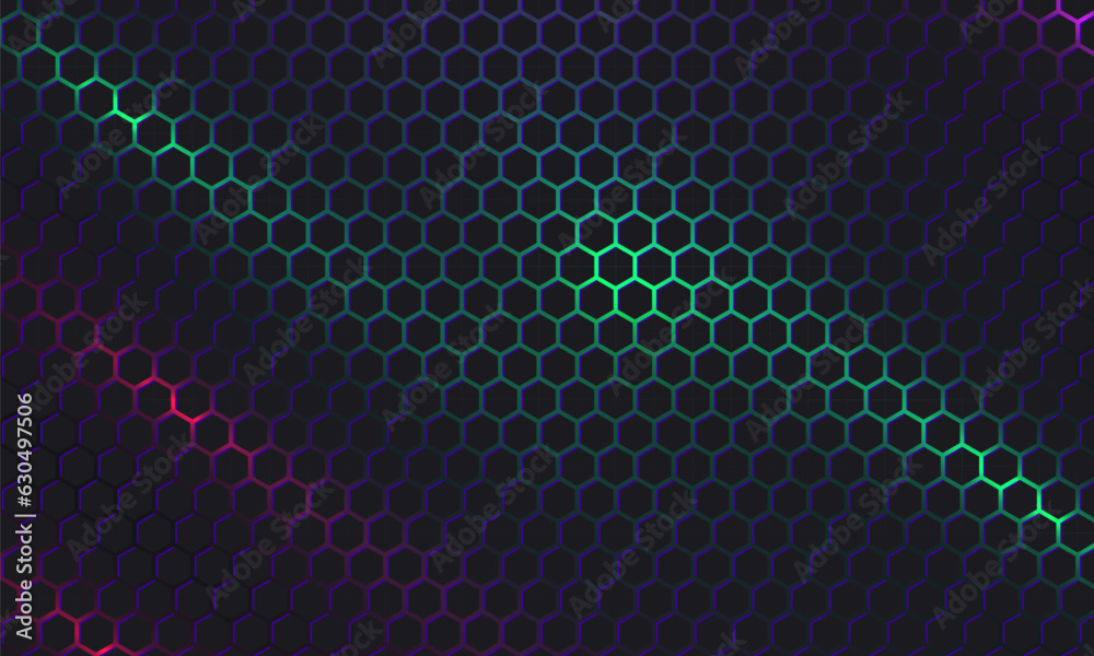 Wall mural dark hexagon gaming abstract vector background with green and red colored bright flashes. vector ill