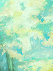 Fototapeta na wymiar Impressionistic Aqua Light & Uplifting Summer Trees on the Hillside - Digital Painting/Illustration/Art/Artwork Background or Backdrop, or Wallpaper