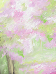 Obraz na płótnie Canvas Impressionistic Pink Light & Uplifting Summer Trees on the Hillside - Digital Painting/Illustration/Art/Artwork Background or Backdrop, or Wallpaper