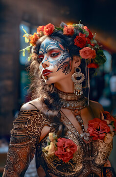 A beautiful brunette with a stylized makeup of La Katrina mask,the day of the dead